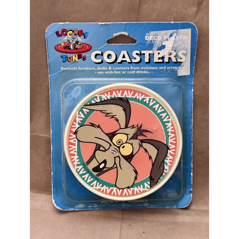 Vintage 1995 Looney Tunes Wile E Coyote Coasters Set of 4 Deco Plastic Conimar
